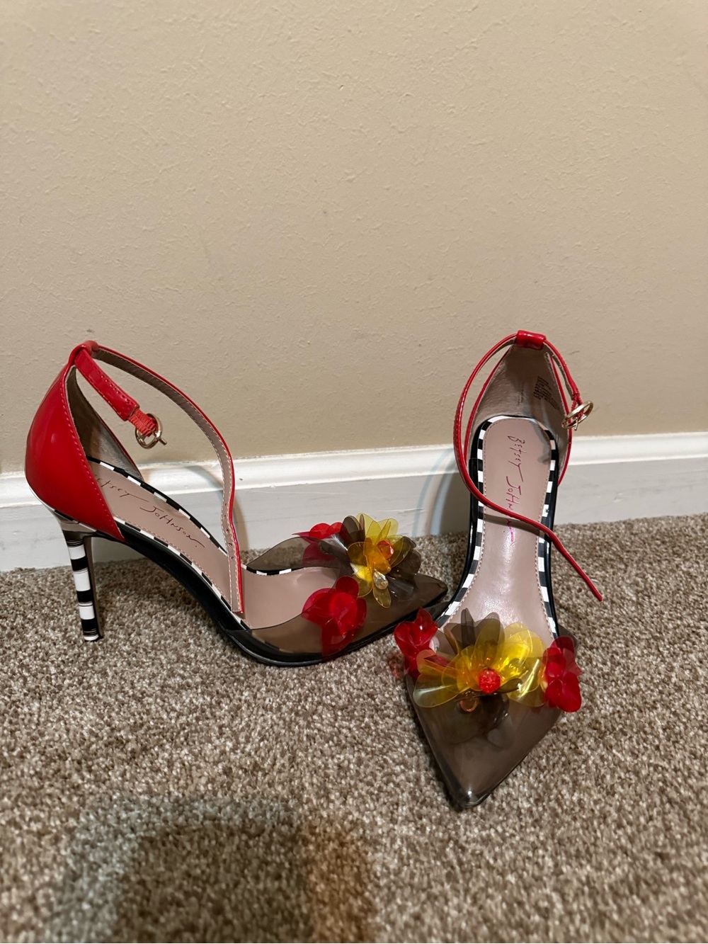 Betsey Johnson Red Ankle-Strap Floral Pointed-Toe Heels with Yellow Accents
